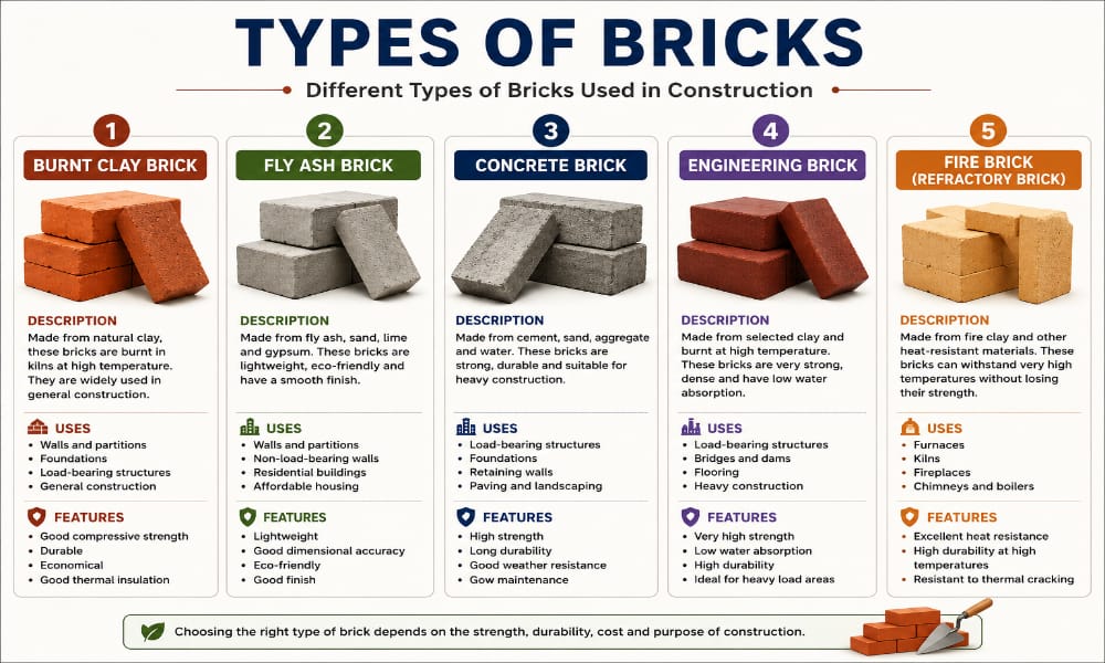 Types of Bricks in Construction – Burnt Clay Brick, Fly Ash Brick, Concrete Brick, Engineering Brick and Fire Brick