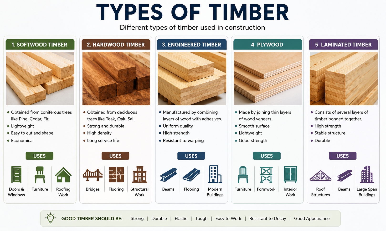 Types of Timber in Civil Engineering including Softwood Timber, Hardwood Timber, Engineered Timber, Plywood and Laminated Timber