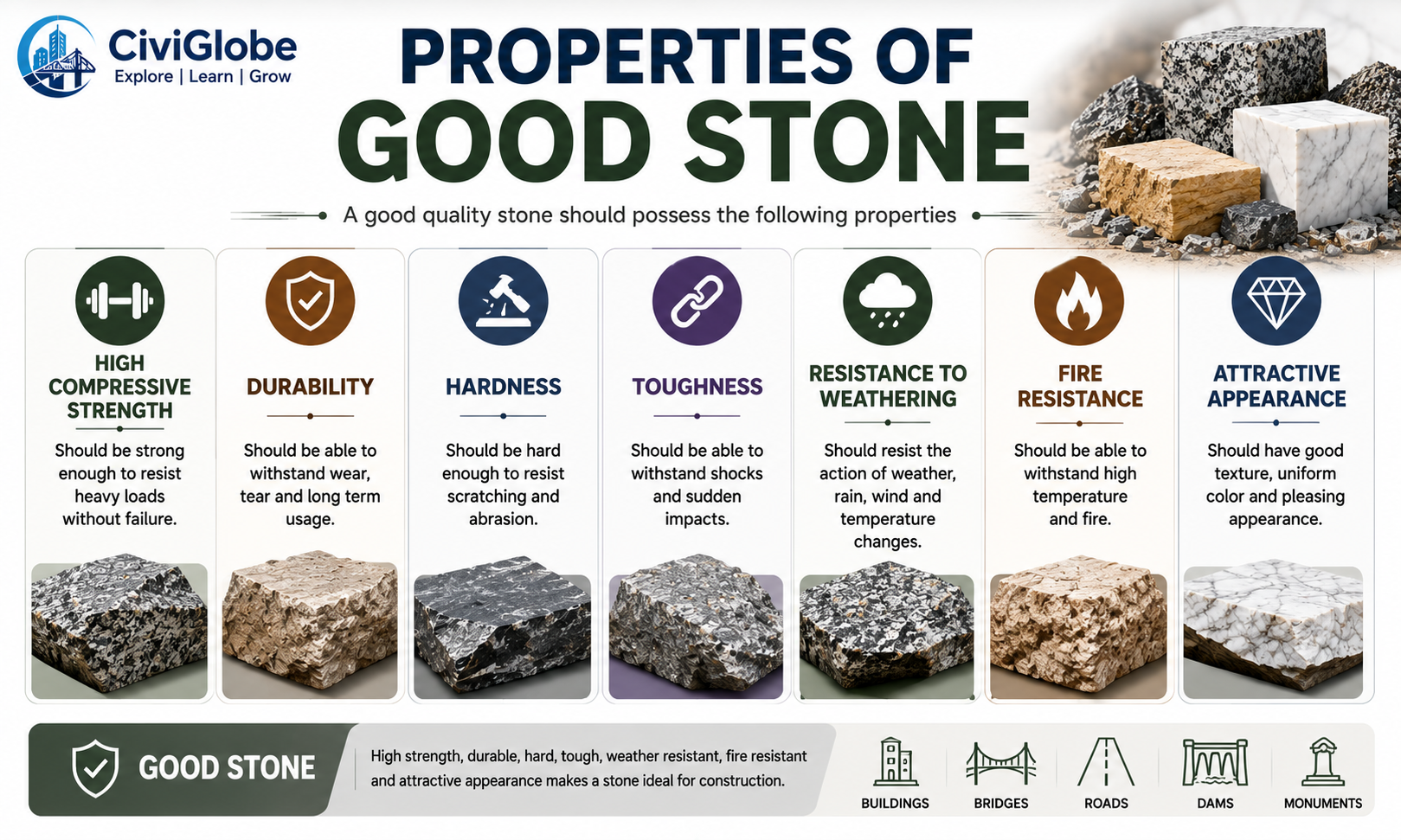 Properties of Good Stone in Civil Engineering including High Compressive Strength, Durability, Hardness, Toughness, Weather Resistance, Fire Resistance and Attractive Appearance