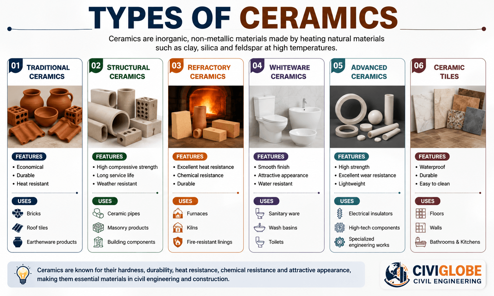 Types of Ceramics in Civil Engineering - Traditional Ceramics, Structural Ceramics, Refractory Ceramics, Whiteware Ceramics, Advanced Ceramics and Ceramic Tiles | CiviGlobe