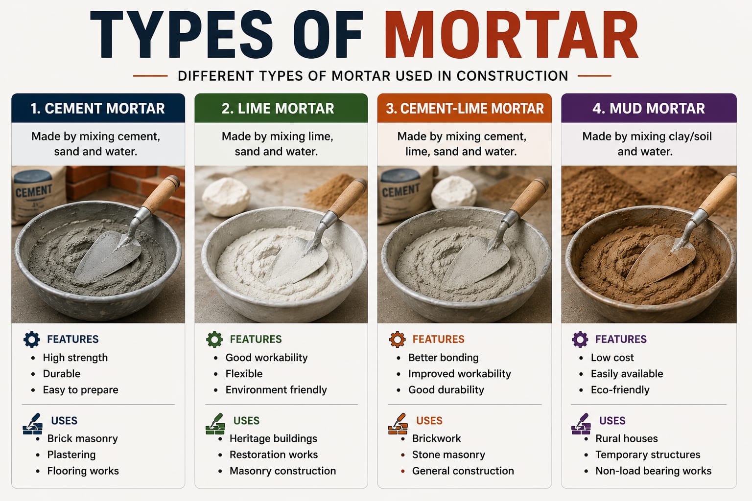 Types of Mortar in Civil Engineering - Cement Mortar, Lime Mortar, Cement-Lime Mortar and Mud Mortar