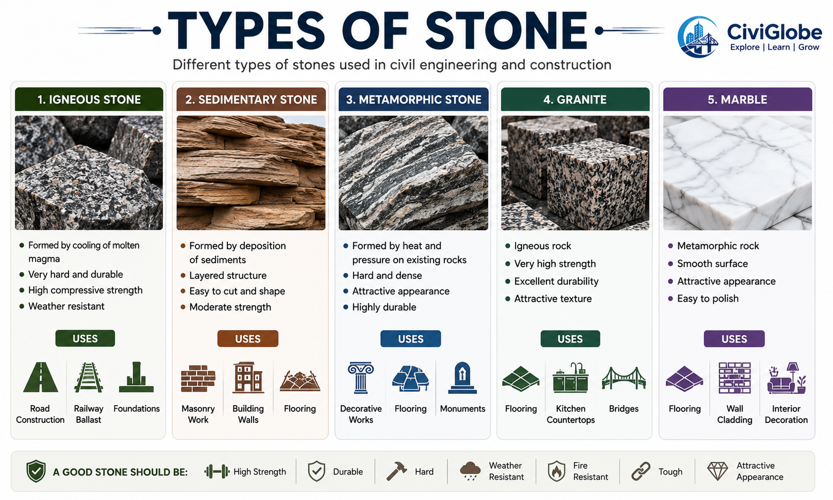 Types of Stone in Civil Engineering including Igneous Stone, Sedimentary Stone, Metamorphic Stone, Granite and Marble