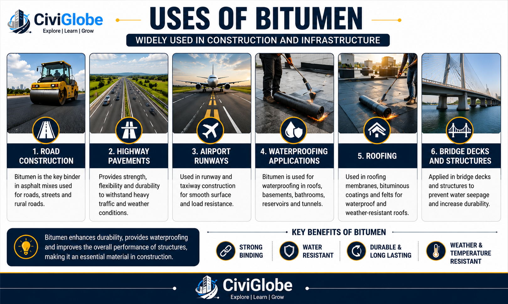 Uses of Bitumen in Civil Engineering - Road Construction, Highway Pavements, Airport Runways, Waterproofing and Roofing | CiviGlobe