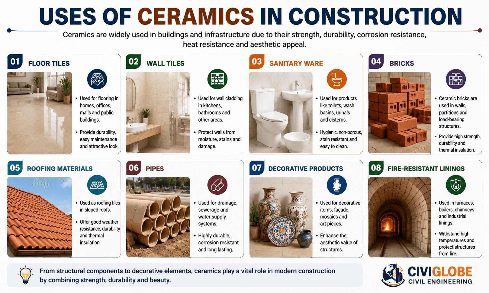 Uses of Ceramics in Civil Engineering - Floor Tiles, Wall Tiles, Sanitary Ware, Bricks, Roofing Materials, Pipes, Decorative Products and Fire-Resistant Linings | CiviGlobe