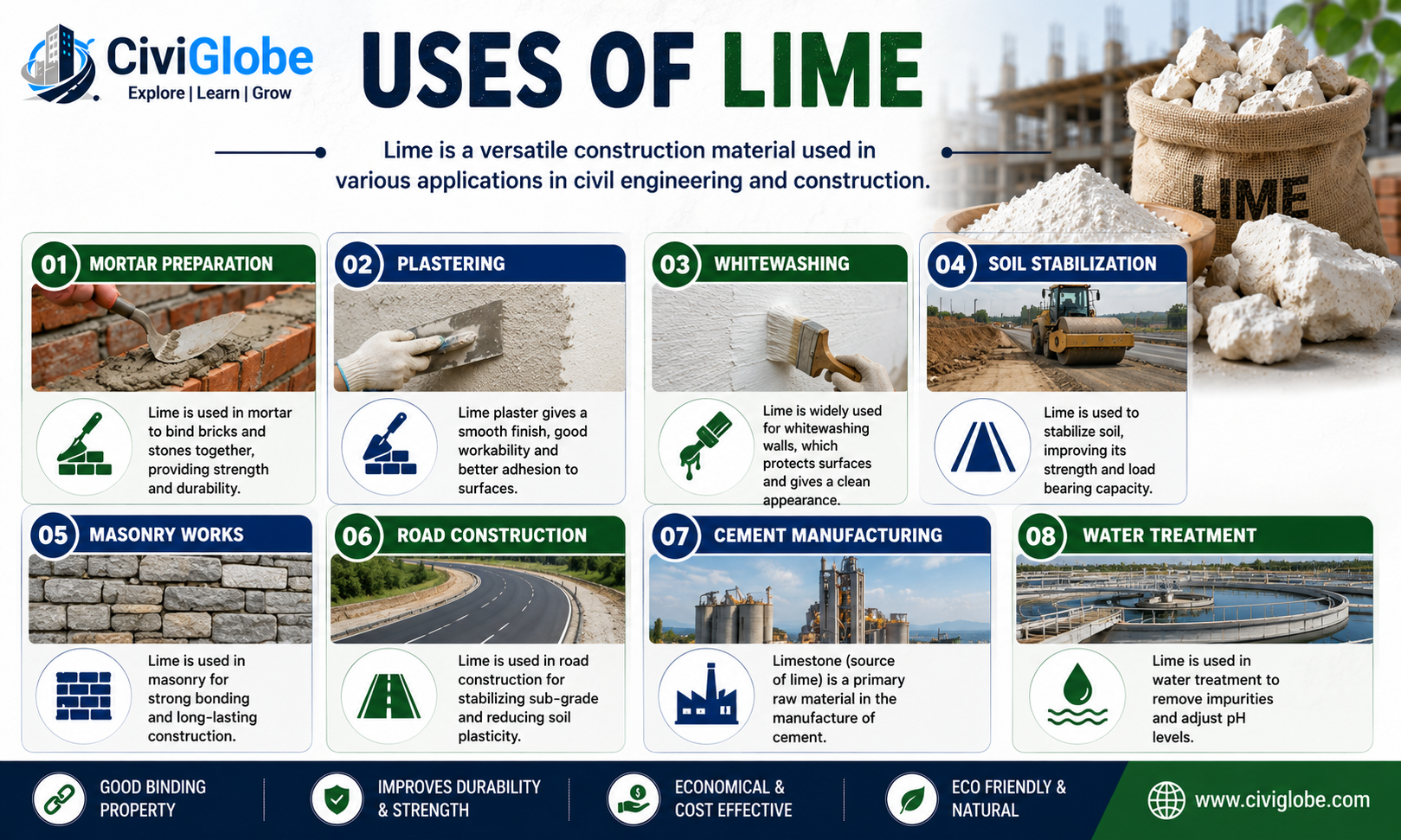 Uses of Lime in Civil Engineering - Mortar Preparation, Plastering, Whitewashing, Soil Stabilization and Cement Manufacturing | CiviGlobe