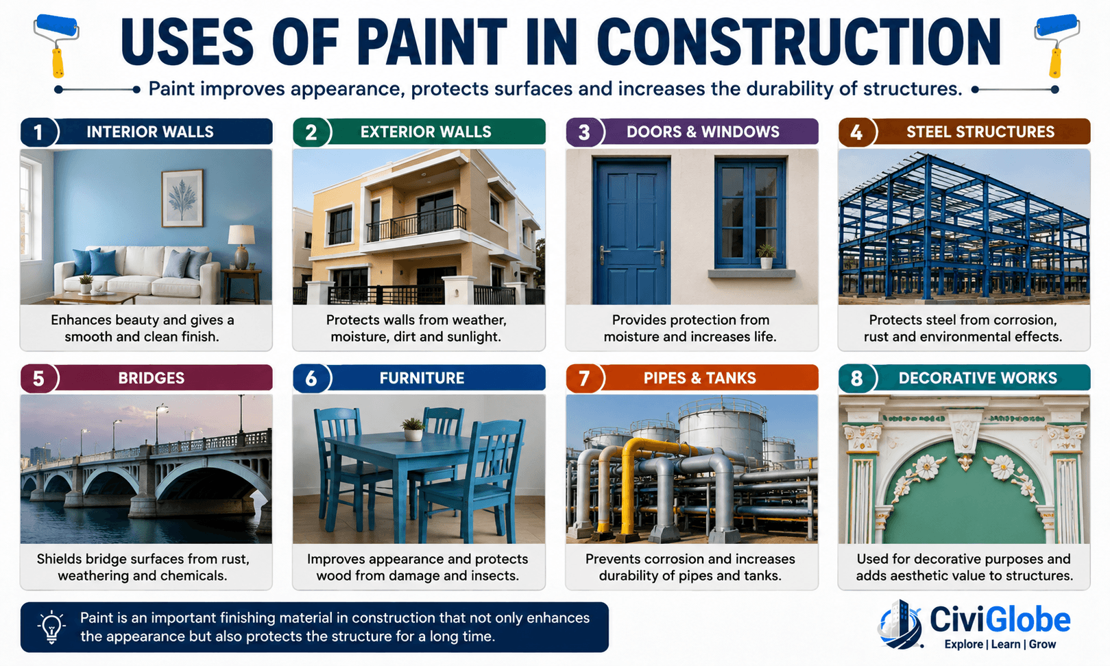 Uses of Paint in Civil Engineering - Interior Walls, Exterior Walls, Doors, Windows, Steel Structures, Bridges, Furniture and Decorative Works | CiviGlobe